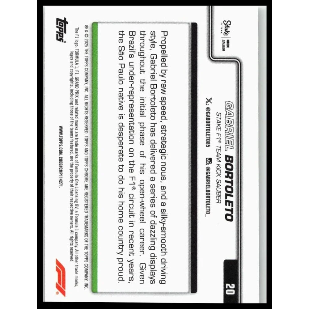 2025 Topps Chrome Formula 1 Gabriel Bortoleto #20 Stake F1 Team KICK Sauber